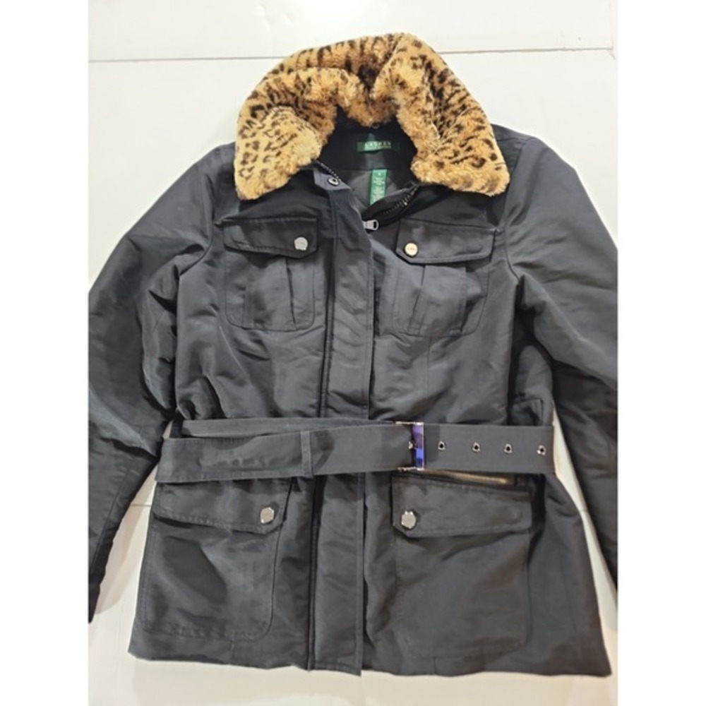 Lauren Ralph Lauren Women's Belted Field Jacket‎ Black Faux Fur Collar Size M